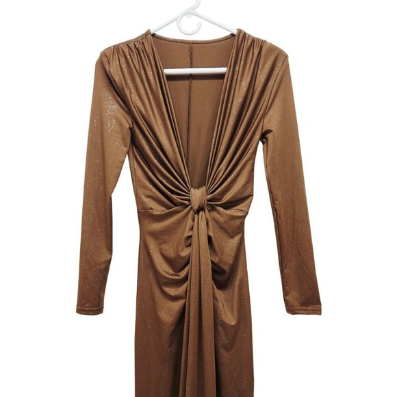 Brown Long-Sleeve Ruched Knot Front Maxi Dress Glitter Accents Deep V Neck SZ M - Picture 5 of 10